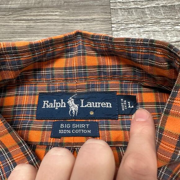 Vintage 90s Ralph Lauren Orange Blue Tartan Plaid Mens L‎ Button Down Big Shirt - Picture 5 of 8